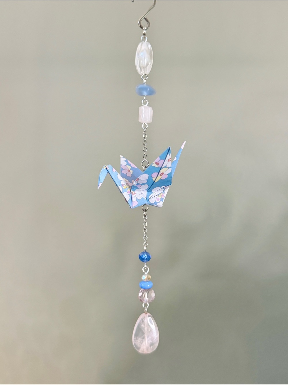 Origami Ornament #2539 - Small Crane with Glass and Rose Quartz Beads
